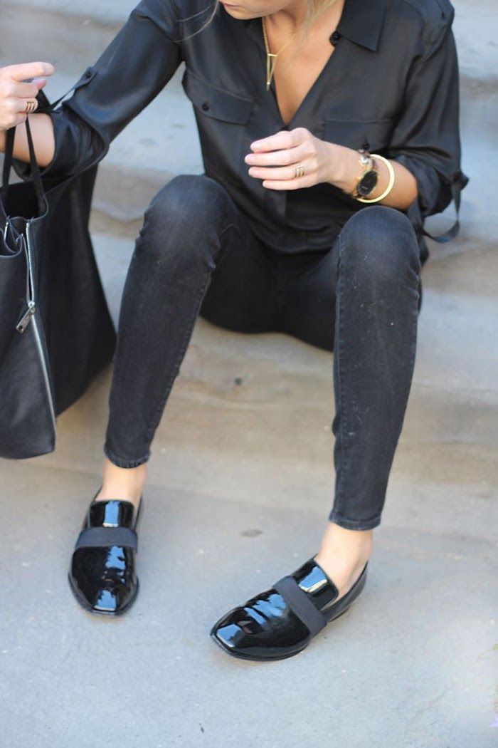 leather loafers seen on a street style star at fashion week