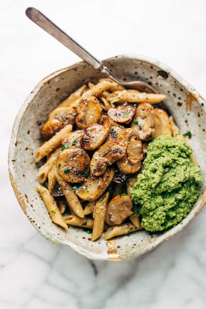 STYLECASTER | 17 Easy Whole Grain Pasta Recipes That Don't Suck | Mushroom Penne with Walnut Pesto