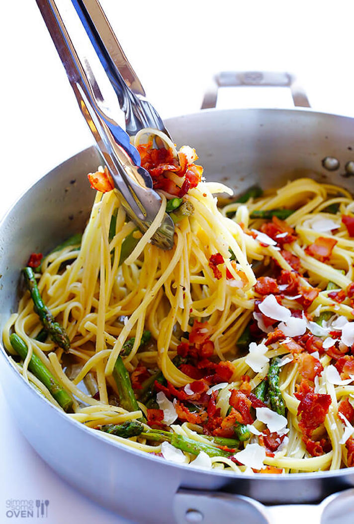STYLECASTER | 17 High-Protein Summer Dinners With 5 Ingredients or Less | Bacon and Asparagus Pasta