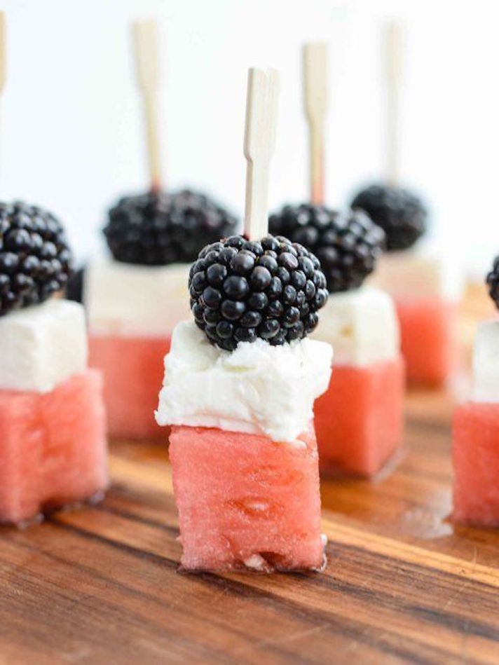 STYLECASTER | 17 Fourth of July Appetizers That Every Barbecue Needs | Watermelon, Blackberry, and Feta Skewers