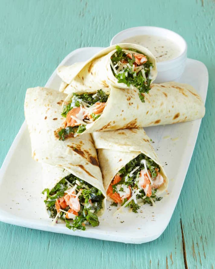 STYLECASTER | 17 No-Cook Dinners For Busy Weeknights | Salmon and Kale Caesar Wraps