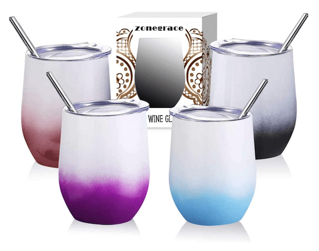 Zonegrace 4 pack 12 oz Stainless Steel Stemless Wine Glass Tumbler