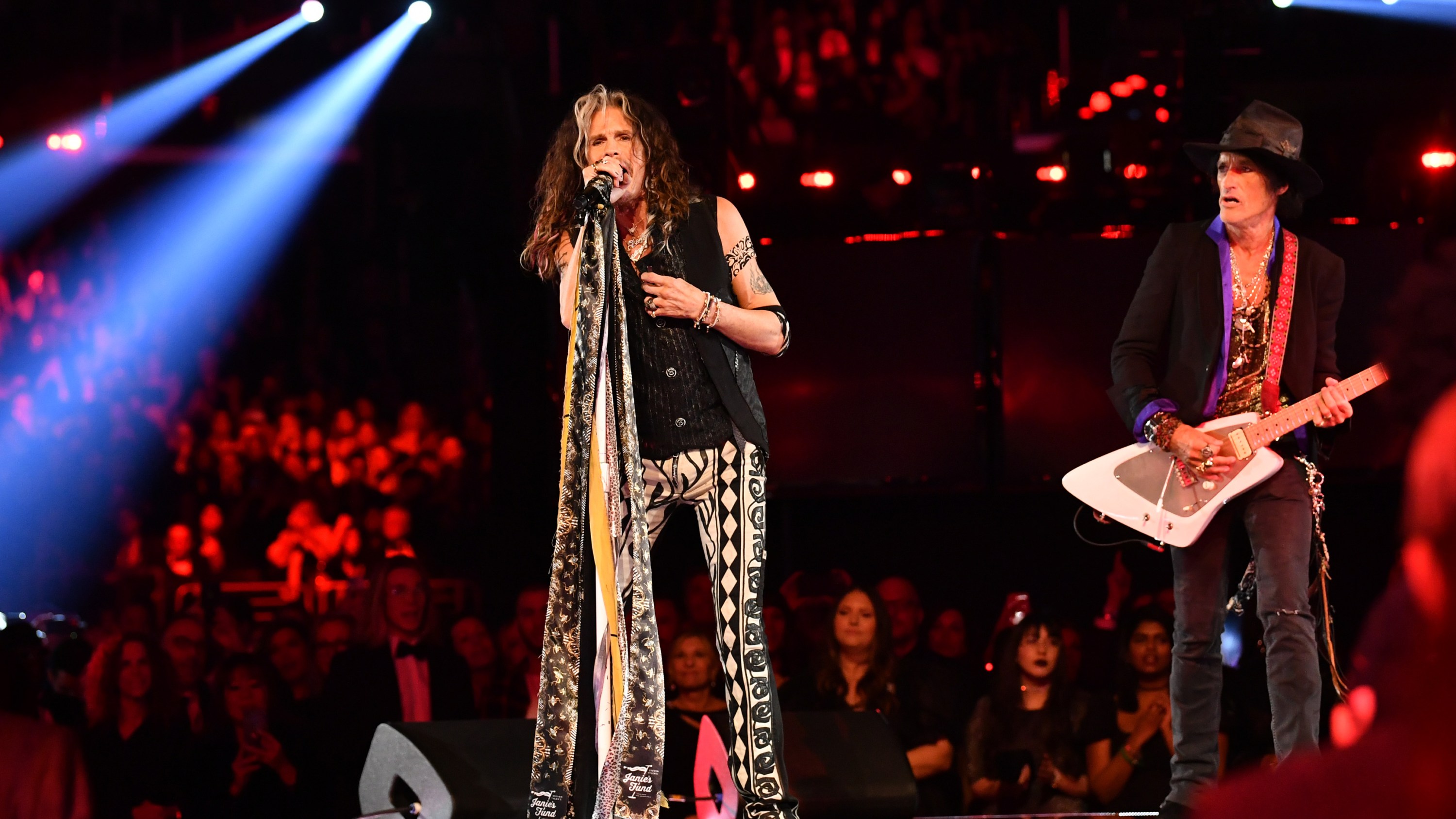 LOS ANGELES, CALIFORNIA - JANUARY 26: (L-R) Steven Tyler and Joe Perry of Aerosmith perform onstage during the 62nd Annual GRAMMY Awards at STAPLES Center on January 26, 2020 in Los Angeles, California. (Photo by Emma McIntyre/Getty Images for The Recording Academy)