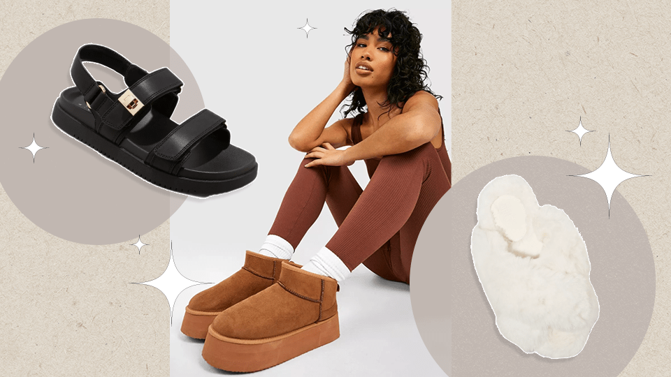 A model wearing an UGG boot alternative, plus two product shots of other UGG alternatives