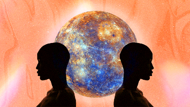 The silhouettes of a pair of twins in front of a moving planet Mercury in representation of Gemini