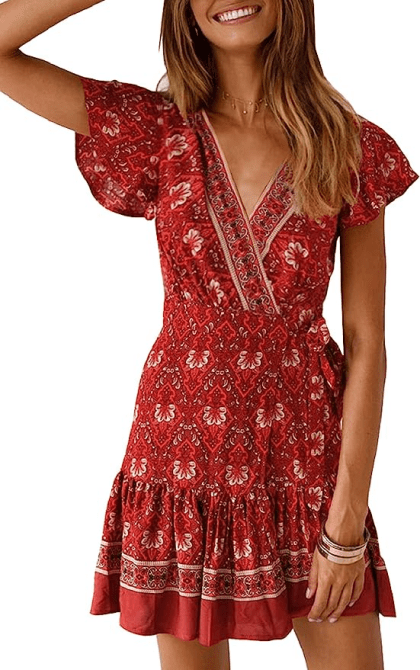 A model wearing the ZESICA Bohemian Mini Dress in a red colorway