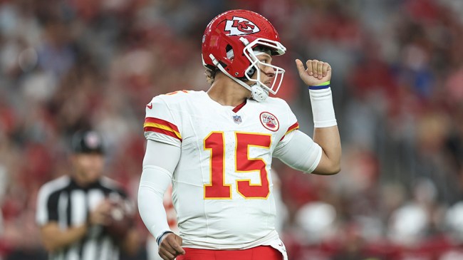 GLENDALE, ARIZONA - AUGUST 19: Patrick Mahomes #15 of the Kansas City Chiefs reacts during an NFL preseason football game between the Arizona Cardinals and the Kansas City Chiefs at State Farm Stadium on August 19, 2023 in Glendale, Arizona. (Photo by Michael Owens/Getty Images)