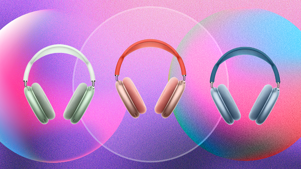 Three pairs of Apple AirPods Max Headphones (silver, orange, blue).