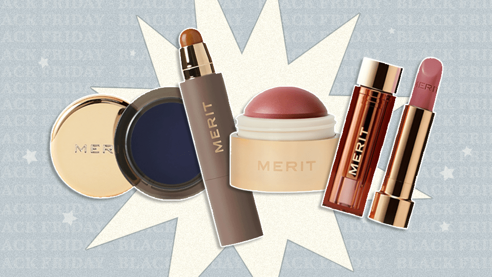 Left to Right: Merit Beauty eyeshadow, Merit Beauty complexion stick, Merit Beauty blush balm, Merit Beauty lipstick.