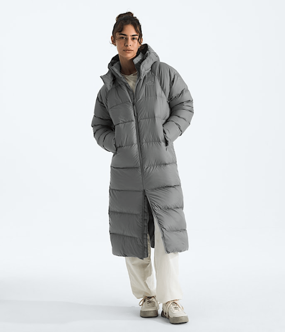 A model wearing the The North Face Women's Hydrenalite Down Parka in grey