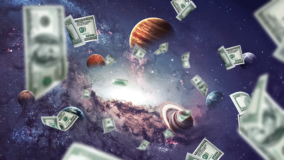 A galaxy filled with planets and dollar bills