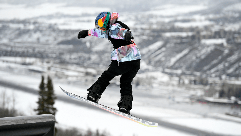 Hailey Langland competing at X Games Aspen Snowboard Knuckle Huck finals in 2023.