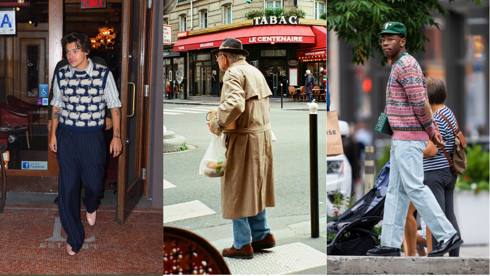 A triptych, featuring Harry Styles in a sweater vest, an older man in a trench coat and hat, and Tyler the Creator in a sweater and loafers