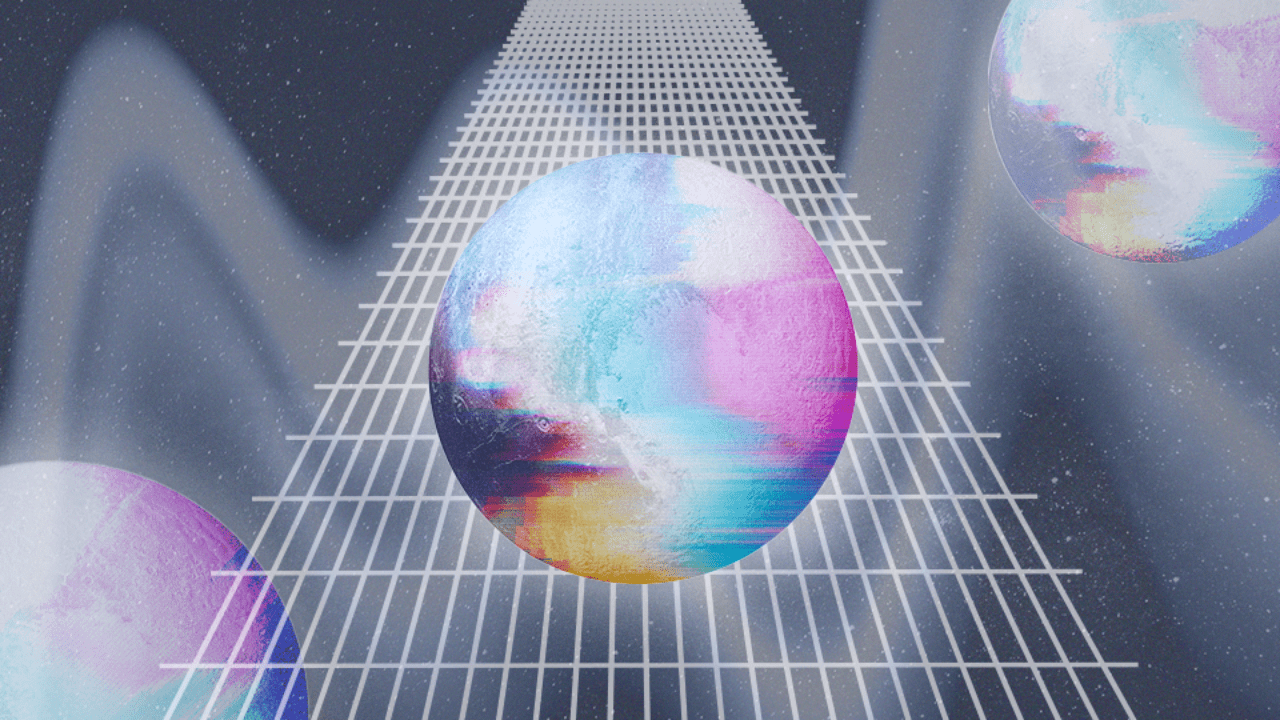 A colorful version of planet Pluto rolling up a geometric grid into a gray cosmic sky
