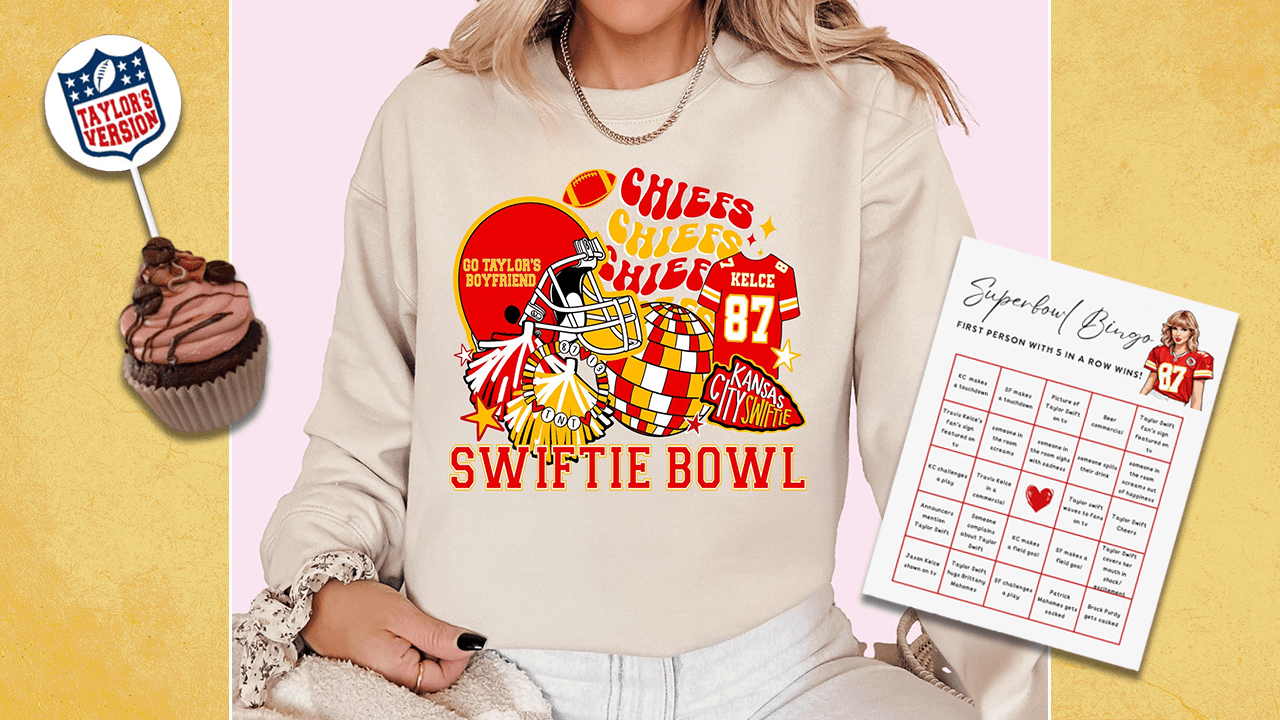 Left to Right: a cupcake with a Taylor Swift NFL cupcake topper, a Taylor Swift Kansas City Chiefs sweatshirt and a Taylor Swift Super Bowl Bingo card