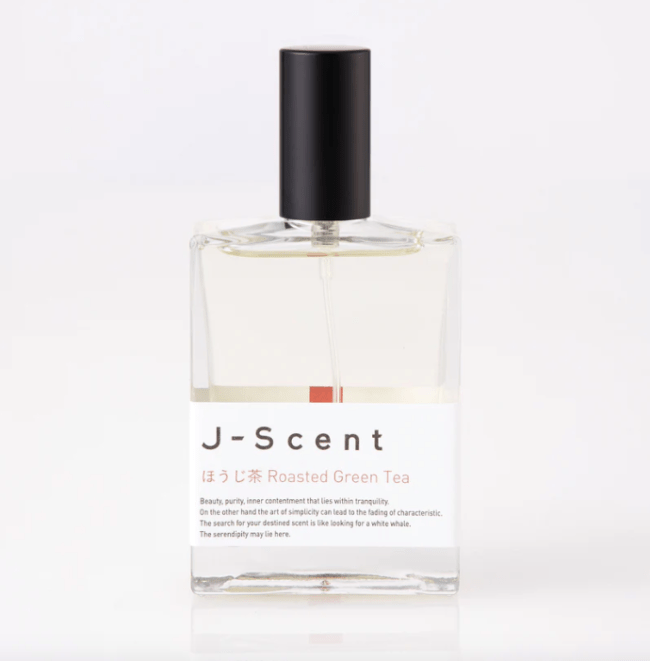 J-Scent Roasted Green Tea perfume in a clear bottle with a long black cap