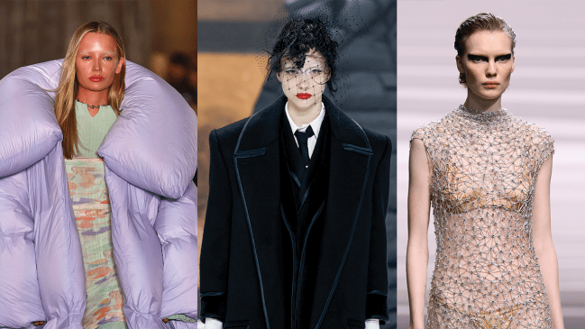 Collage of three models from different runway shows all with bleached eyebrows