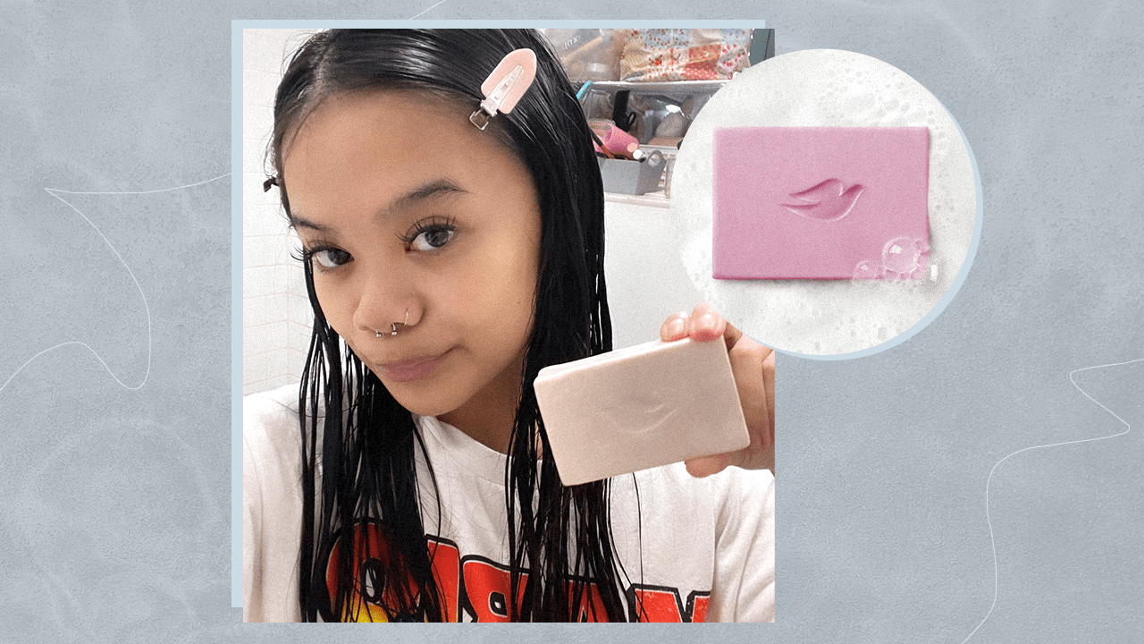 A writer holding a bar of Dove's new sensitive skin soap, collaged next to a photo of the same soap