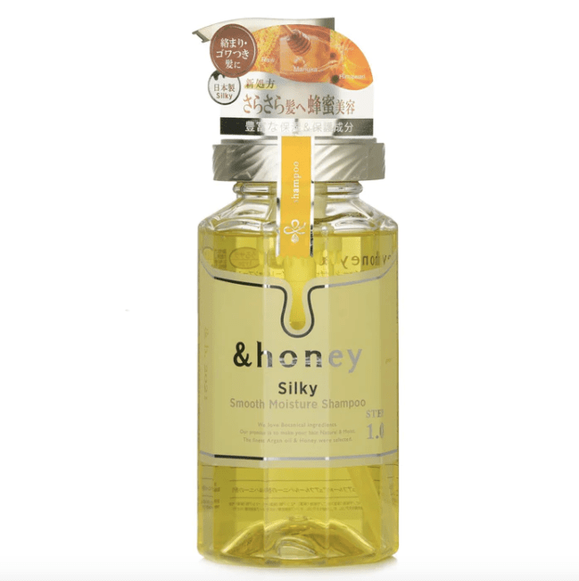 &Honey Silky Smooth Moisture Shampoo in a clear bottle with pastel yellow packaging