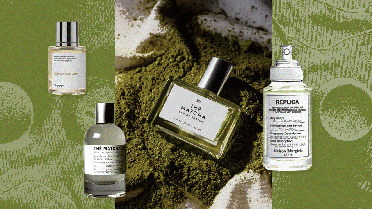 Four different brands of matcha perfume behind a backdrop of matcha powder