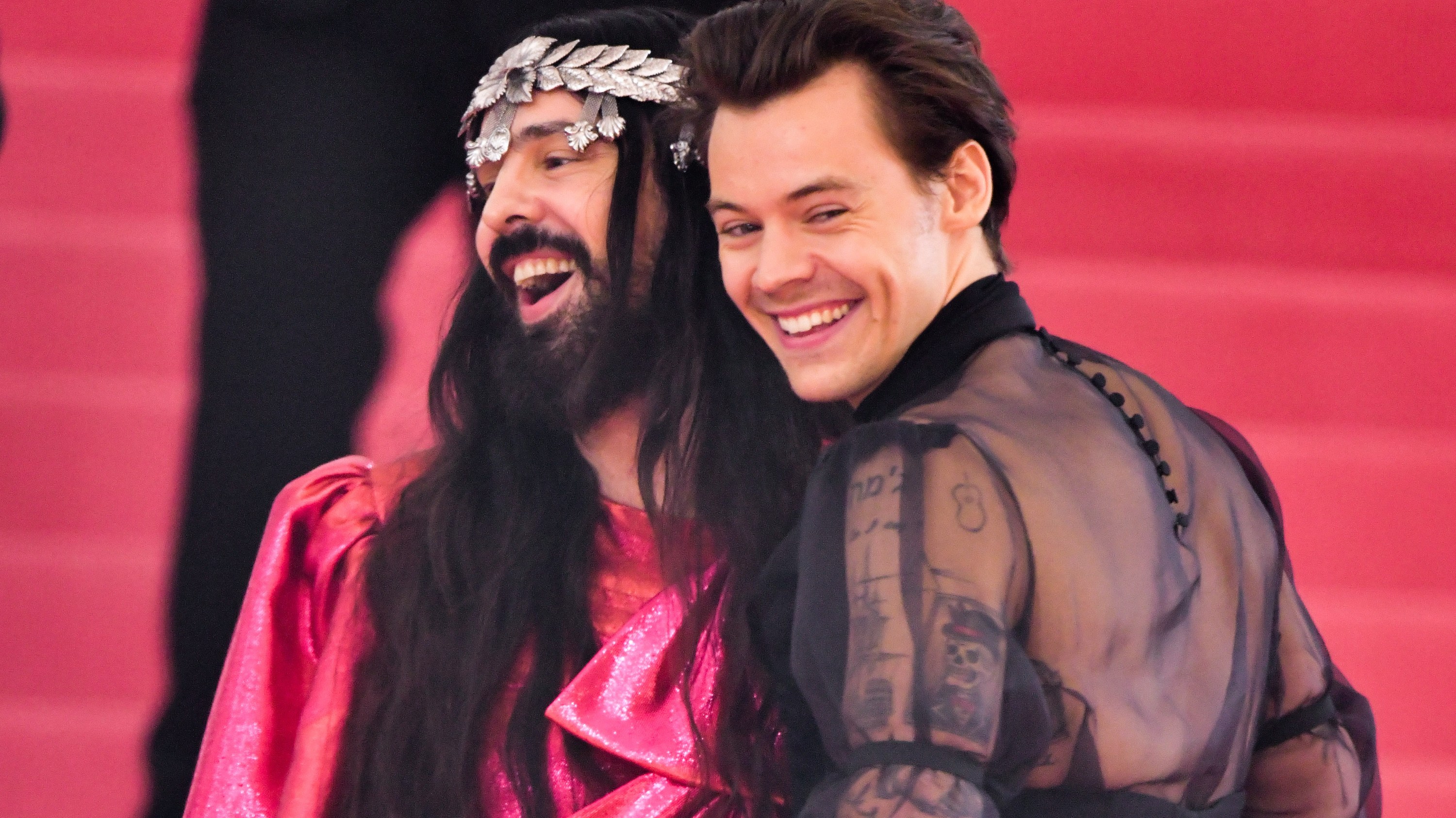 Harry Styles (R) arrives to The 2019 Met Gala Celebrating Camp: Notes on Fashion at Metropolitan Museum of Art on May 6, 2019 in New York City.