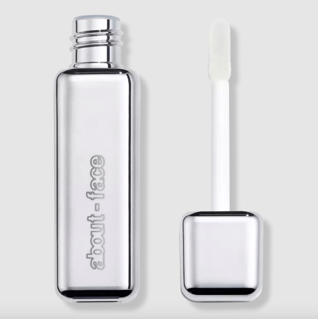 about-face Vinyl Effect Eye Gloss, eye gloss in a silver bottle.