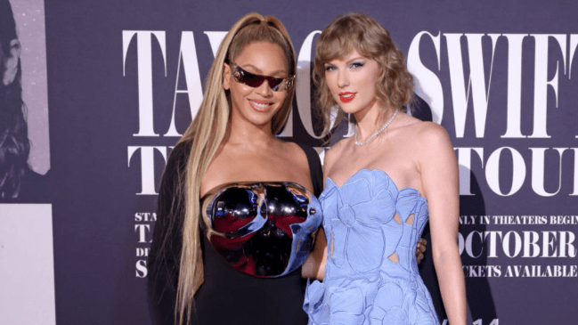 Beyonce and Taylor Swift pose at a screening of Taylor Swift the Eras tour Movie