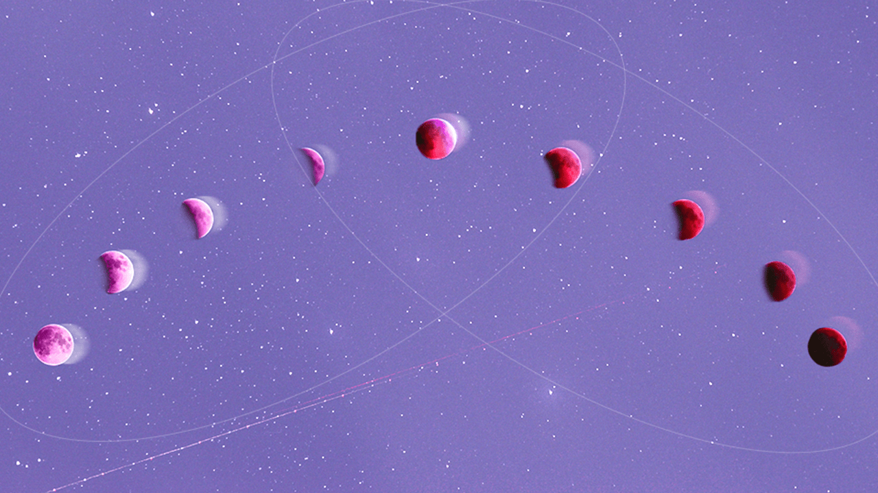 The phases of the lunar eclipse of March 2024 turning a full moon the color "red" over a purple background