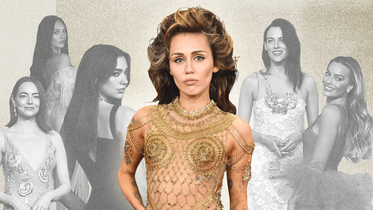 Emma Stone, Maddie Ziegler, Dua Lipa, Riley Keough, Margot Robbie in the background in black and white with flat hair. Miley Cyrus with dramatic voluminous hair at the foreground.