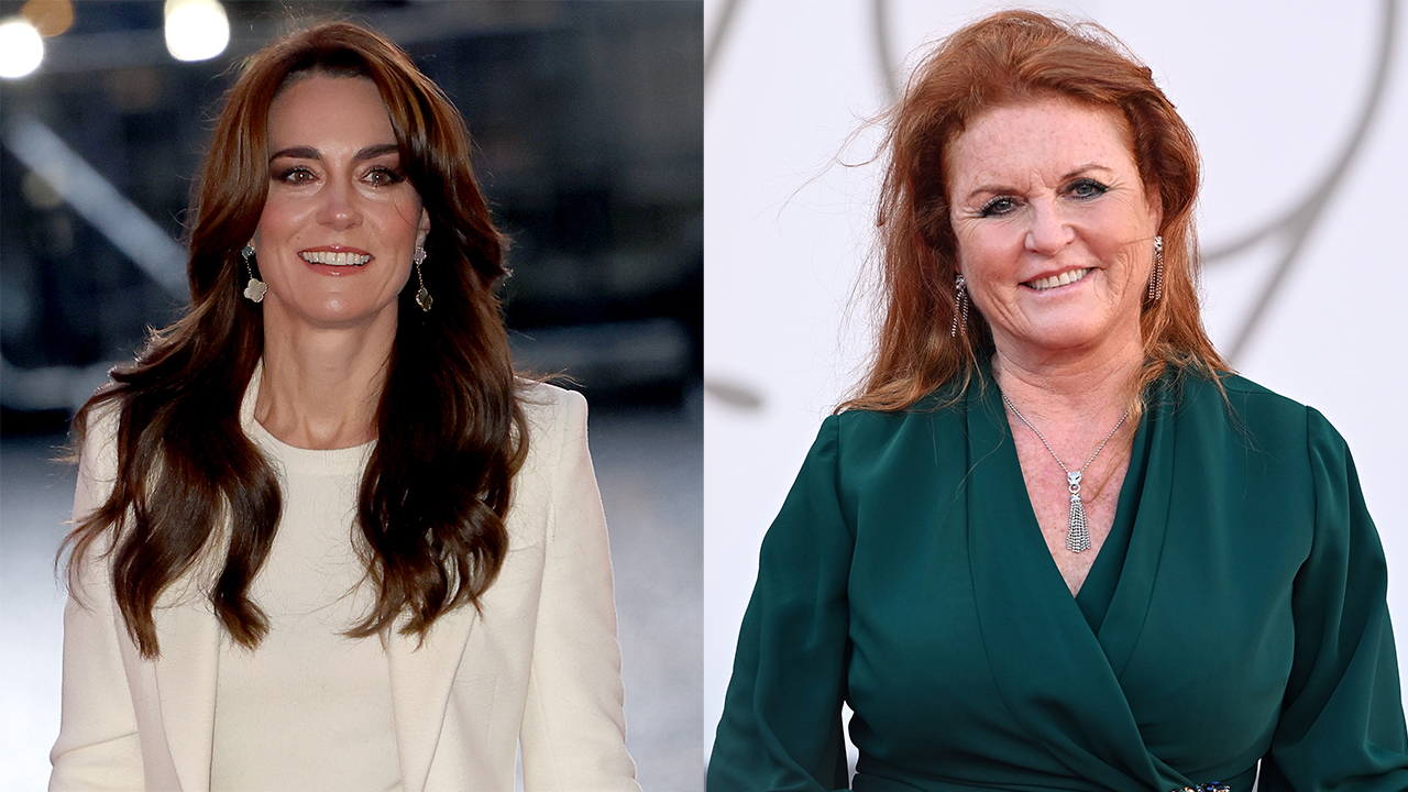 Kate Middleton, a white woman with brown hair and white suit, side by side photo of Sarah Ferguson, a white woman with red hair and a green dress.