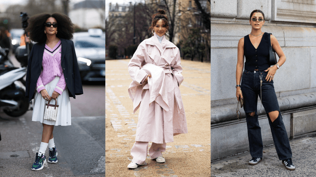 Three street style stars wearing sneakers with different outfits