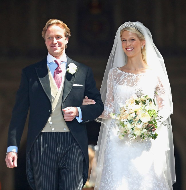 Newlyweds Mr Thomas Kingston and Lady Gabriella Windsor on the steps of the chapel after their wedding at St George's Chapel on May 18, 2019 in Windsor, England.