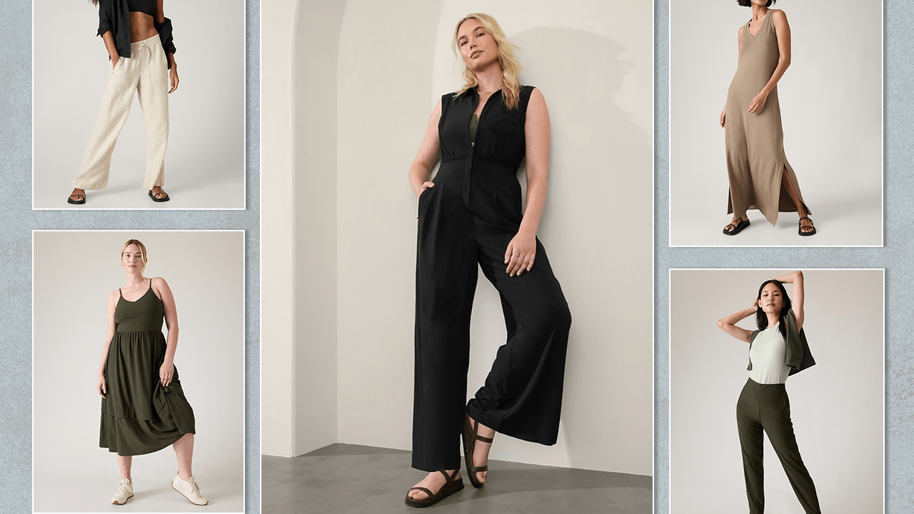 What to Buy at Athleta - models wearing cream linen pants, olive green midi dress, black jumpsuit, light brown maxi dress, and light green tank and dark green pants