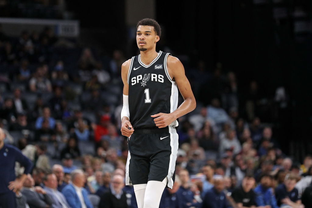 Victor Wembanyama #1 of the San Antonio Spurs looks on during the game against the Memphis Grizzlies at FedExForum on April 09, 2024 in Memphis, Tennessee.