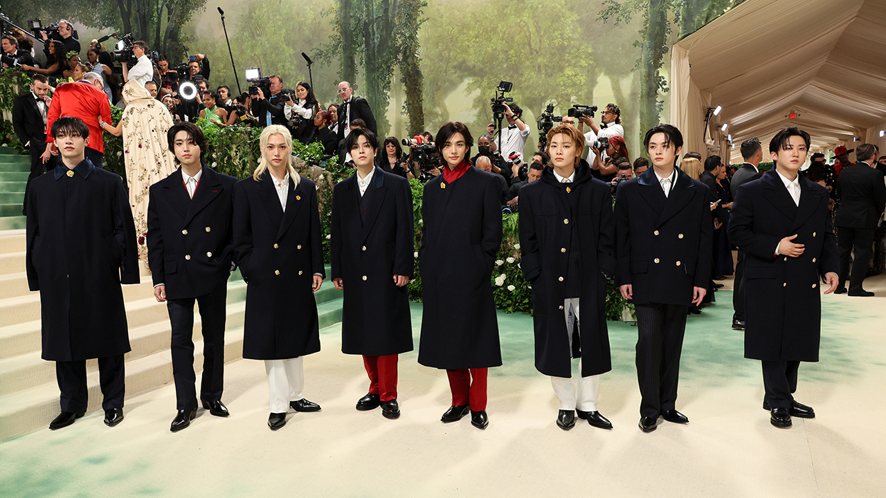 Bang Chan, Han, Felix, Seungmin, I.N, Hyunjin, and Changbin Lee Know of Stray Kids attend The 2024 Met Gala Celebrating "Sleeping Beauties: Reawakening Fashion" at The Metropolitan Museum of Art on May 06, 2024 in New York City.