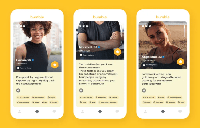 A series of Bumble profiles