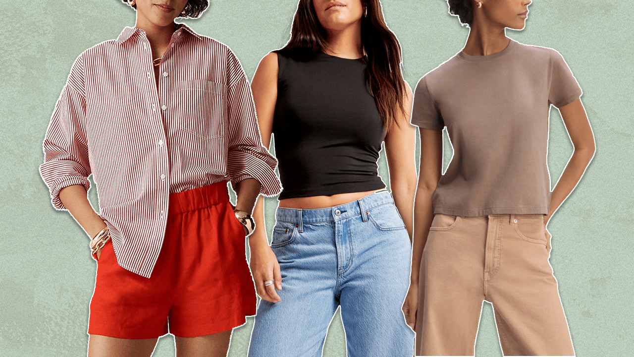 Left: J.Crew model wearing red and white striped button-down shirt and red shorts. Middle: Abercrombie model wearing black tight tank shirt with blue jeans. Right: Everlane model wearing brown t-shirt with light brown jeans.