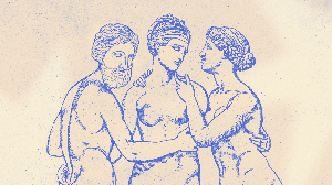 One female Greek statue being embraced by both a male Greek statue & a female Greek statue as she feels confused about which one she loves more