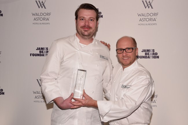 NEW YORK, NY - FEBRUARY 26:  James Beard Rising Star Chef David Posey (L) and Waldorf Astoria Master Chef Heinz Beck win the inaugural Taste of Waldorf Astoria on February 26, 2015 in New York City.  (Photo by Andrew H. Walker/Getty Images for Taste of Waldorf Astoria)