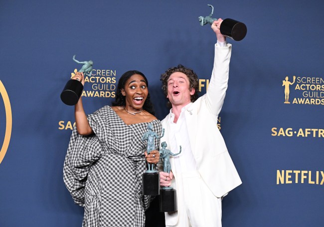 Ayo Edebiri and Jeremy Allen White, winners of the Outstanding Performance by a Female and Male Actor in a Comedy Series and Outstanding Performance by an Ensemble in a Comedy Series awards for '"The Bear" poses in the press room at the 30th Annual Screen Actors Guild Awards held at the Shrine Auditorium and Expo Hall on February 24, 2024 in Los Angeles, California. 