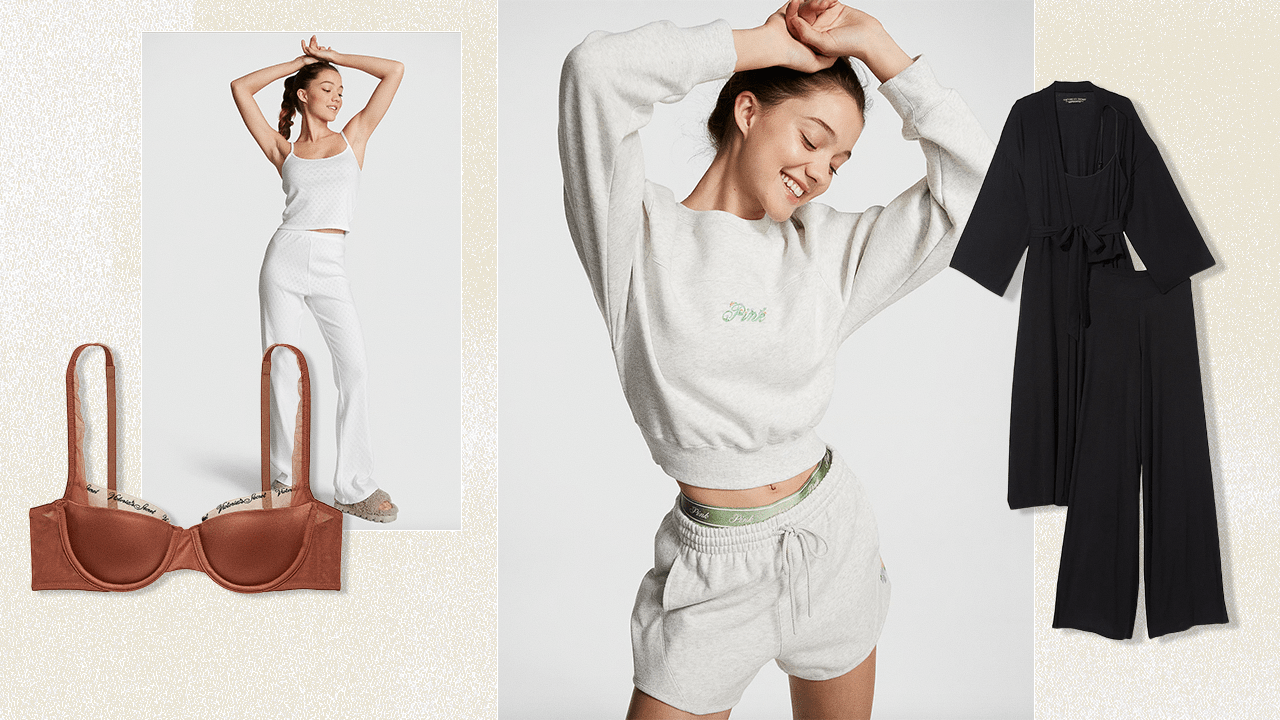 From left to right: A copper colored bralette, a woman wearing a white pajama set, a woman wearing cream sweat shorts and a matching sweatshirt, a black robe with matching wide-leg pants.