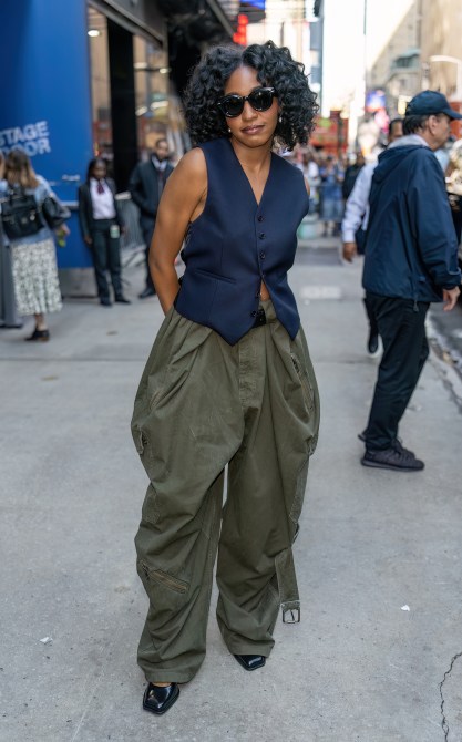 Actress and comedian Ayo Edebiri is seen leaving GMA at ABC Times Square Studios on June 13, 2024 in New York City.