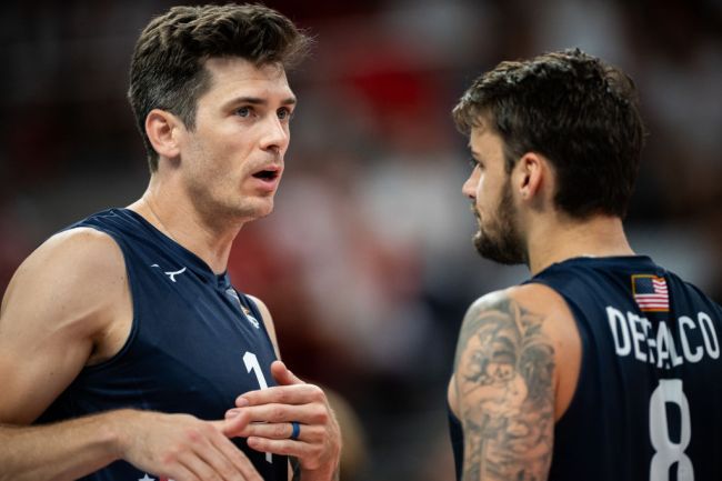 Matthew Anderson of USA and Torey Defalco of USA talks after action during the Volleyball International Friendly Tournament match between Poland and USA at the Ergo Arena on July 21, 2024 in Gdansk, Poland.