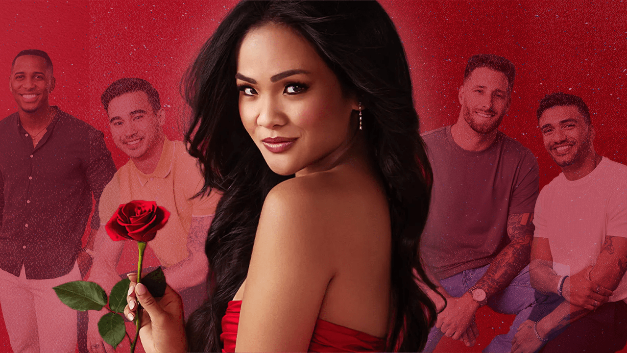 Jenn Tran from the Bachelorette season 21 holding a rose, in front of various contestants shaded in red