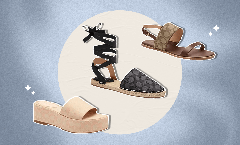 Left to Right: Coach Outlet blush pink slip-on platform sandals, Coach Outlet black tie up espadrilles, and Coach Outlet brown flat sandals.