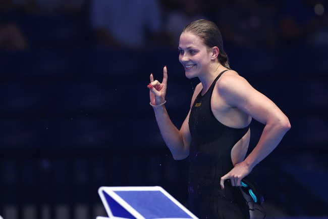 Katharine Berkoff of the United States reacts after the Women's 100m backstroke semifinal on Day Three of the 2024 U.S. Olympic Team Swimming Trials at Lucas Oil Stadium on June 17, 2024 in Indianapolis, Indiana