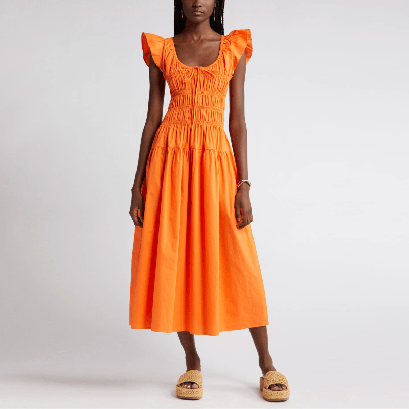 Orange Moon River smocked bodice midi dress with butterfly sleeves.