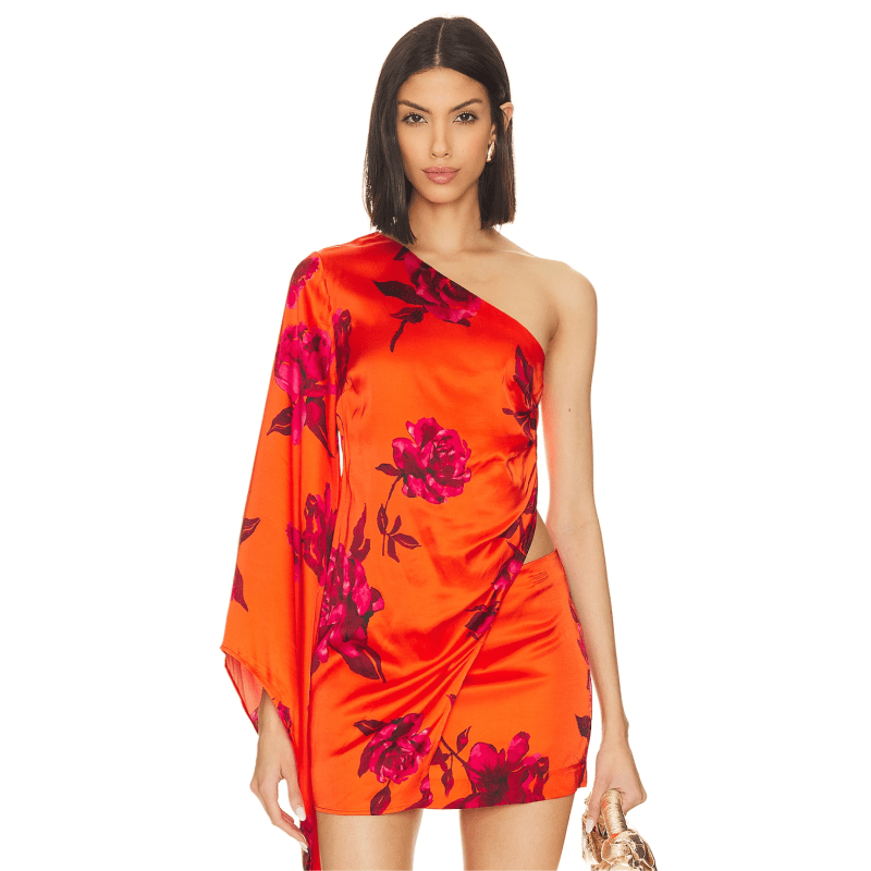 NBD Nila orange floral one-shoulder top and mini skirt.
