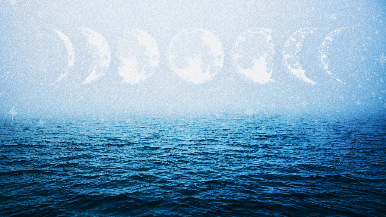 A series of moon phases or lunar phases hanging over a bright blue ocean