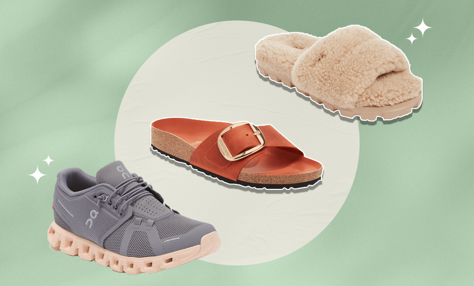 Left to Right: On Cloud 5 Running Shoe, Birkenstock Madrid Big Buckle Slide Sandal, and UGG Cozetta Curly Genuine Shearling Slide Slipper.